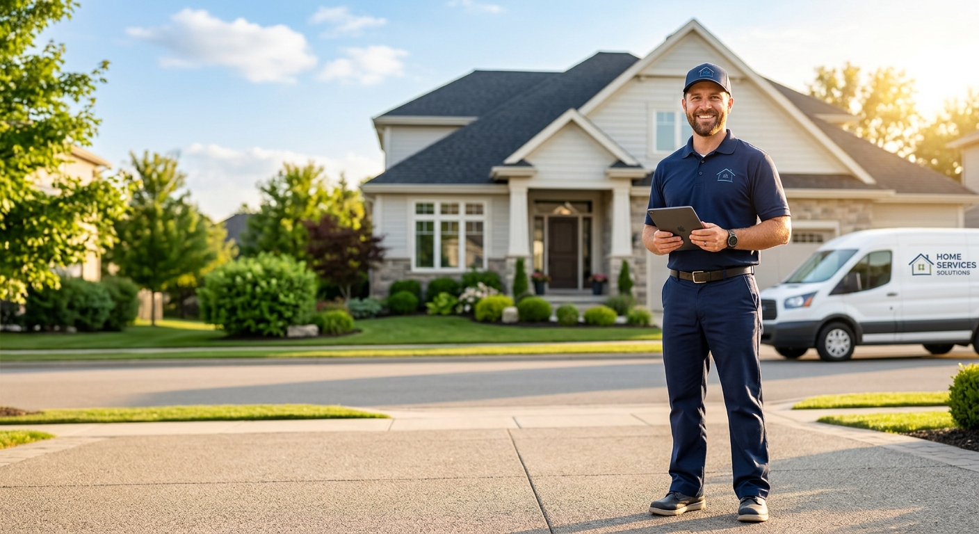 Home-services professional in front of a service van